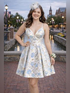 Gorgeous dress with light blue peony pattern and gold threading😍😍